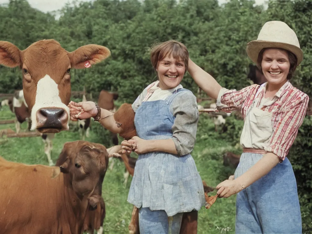 Prompt: happy finnish girl milking a cow and smiling to the camera, 1 9 6 6, home album pocket camera photo, detailed facial features, hyper realistic