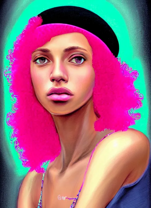 Image similar to portrait of teenage vanessa morgan with bright pink hair, black girl, curly pixie cut hair, wearing newsboy cap, pink short haircut, newsboy cap, hoop earrings, blue eyes, intricate, elegant, glowing lights, highly detailed, digital painting, artstation, concept art, smooth, sharp focus, illustration, art by wlop, mars ravelo and greg rutkowski