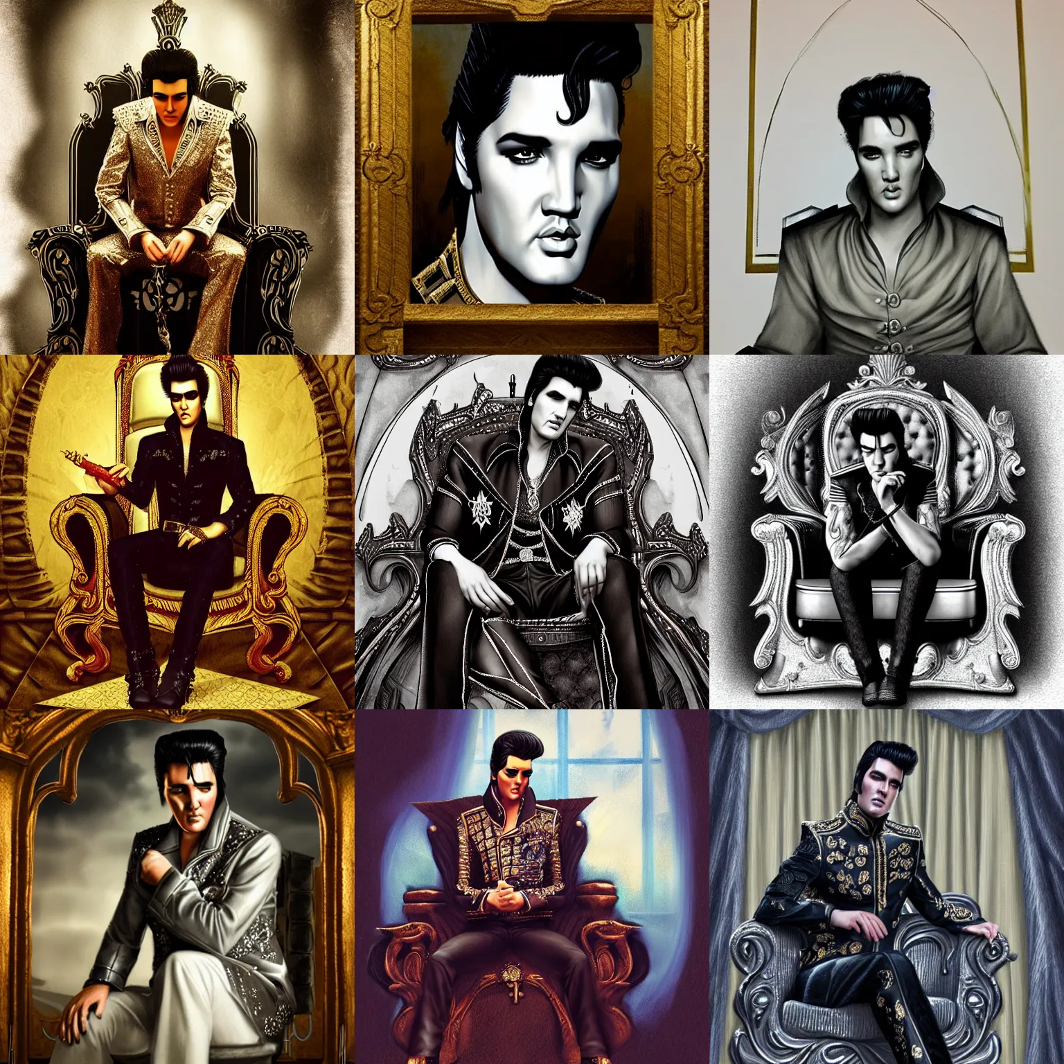 Prompt: highly detailed, portrait of elvis sitting on his throne in his castle, art inspired by charlie bowater, sharp, in focus