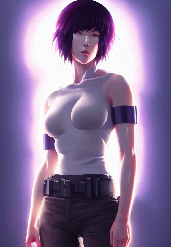 Image similar to a fullbody portrait of motoko kusanagi the major ghost in the shell : : connected to cables, under repairs, maintenance area, technicians : : by ilya kuvshinov, rossdraws, artgerm, sola digital arts, anti aliasing, raytracing : :