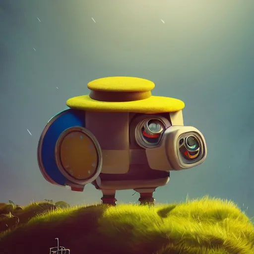 Image similar to full body portrait of a round robot wearing beret, painting a canvas, big head, high detail, beautiful light, depth of field, sharp focus, clean design, 4 k, pixar, colorful, octane render