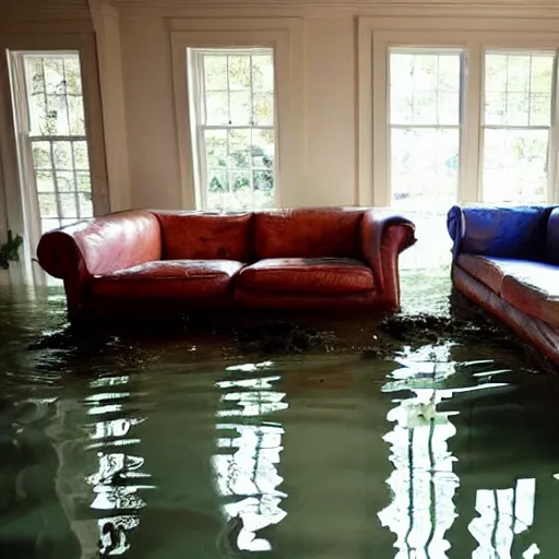 Prompt: old couches in a family room flooded with muddy water