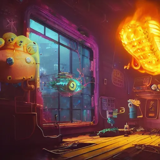 Prompt: spongebob looking at the krusty krab, high tech, cyberpunk, dystopian, jellyfish phoenix dragon, butterfly squid, burning halo, intricate artwork by Tooth Wu and wlop and beeple, greg rutkowski, very coherent symmetrical artwork, cinematic, hyper realism, high detail, octane render, unreal engine, 8k, Vibrant colors, Smooth gradients, High contrast, depth of field, aperture f1.2