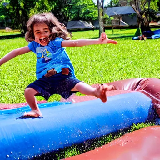 Image similar to kid sliding down chocolate pudding head first, slip n slide, photo taken at the park