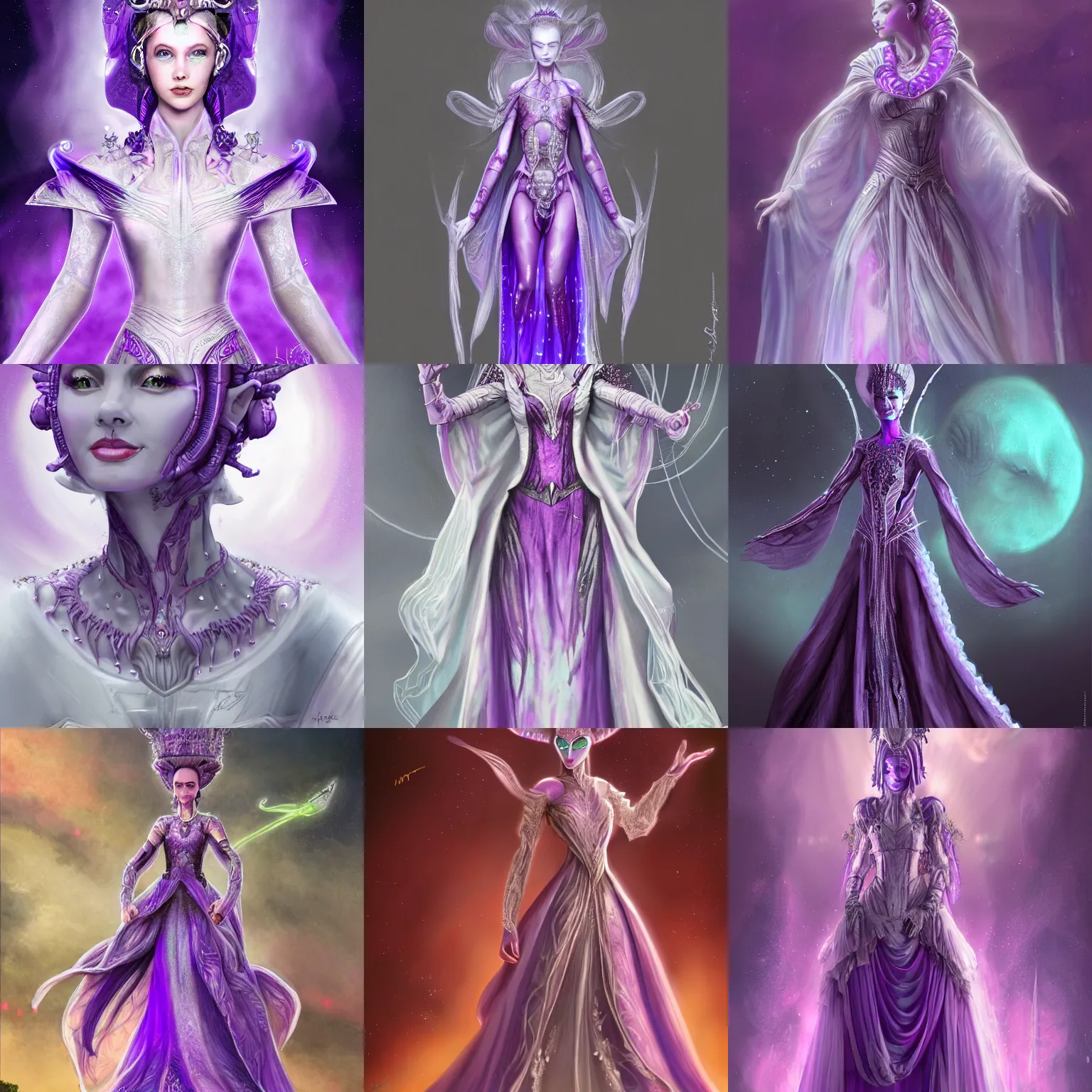 Prompt: alien princess, purple translucent skin!! royalty, white crown, intricate details, flowing gown, padme amidala, art station, sci fi concept art, 8k