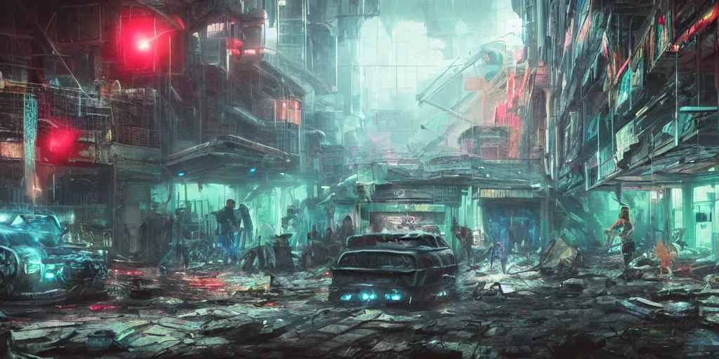 Prompt: a cyberpunk rave in a indoor football stadium, background scene from the old city of babylon, concept art, ultra realistic, 8 k, painting, highly detailed, sci - ci, neon, rain, guns, firearms, robbery, a police car burning