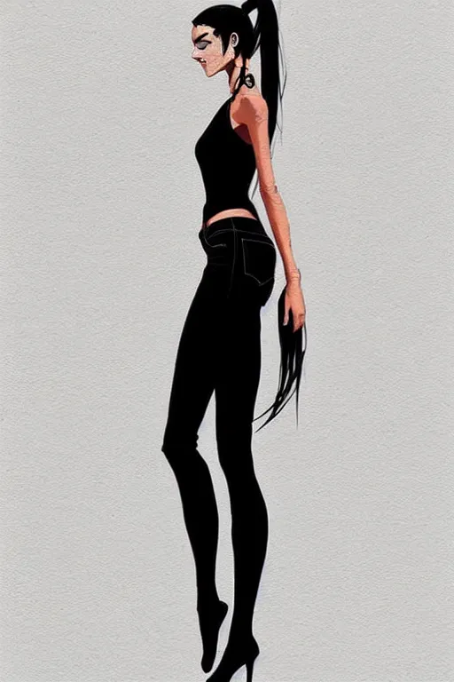 Image similar to a ultradetailed beautiful full body painting of a stylish woman in with a ponytail, she is wearing a black tank top and jeans, by conrad roset, greg rutkowski and makoto shinkai trending on artstation