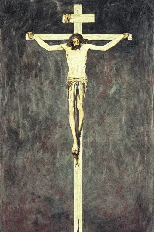 Prompt: bloody jesus christ crucified with a ufo of light right above his head painted by cy twombly and andy warhol