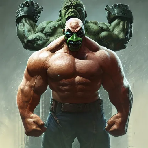 Image similar to bane as the hulk, au naturel, hyper detailed, digital art, trending in artstation, cinematic lighting, studio quality, smooth render, unreal engine 5 rendered, octane rendered, art style by klimt and nixeu and ian sprigger and wlop and krenz cushart