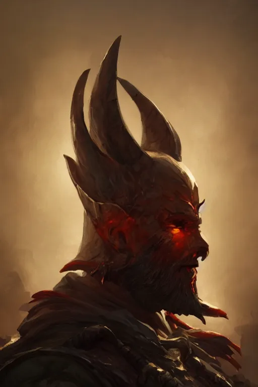 Prompt: dungeons and dragons evil warrior demon character side profile portrait, dramatic light, dungeon background, 2 0 0 mm focal length, painted by stanley lau, painted by greg rutkowski, painted by stanley artgerm, digital art, trending on artstation