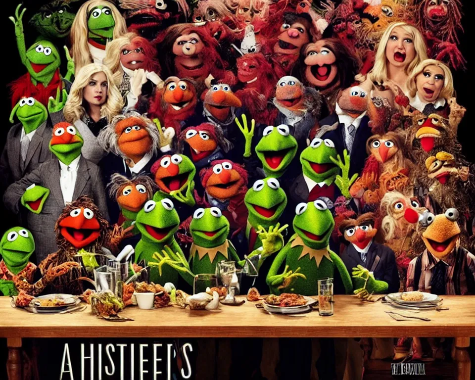 Image similar to A horror movie poster featuring muppets sitting at a dinner table