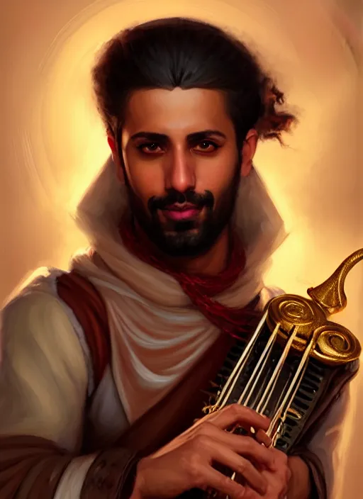 Prompt: a _ fantasy _ style _ portrait _ painting _ of arabian male charismatic bard playing instrument, rpg dnd oil _ painting _ unreal _ 5 _ daz. _ rpg _ portrait _ extremely _ detailed _ artgerm _ greg _ rutkowski _ greg