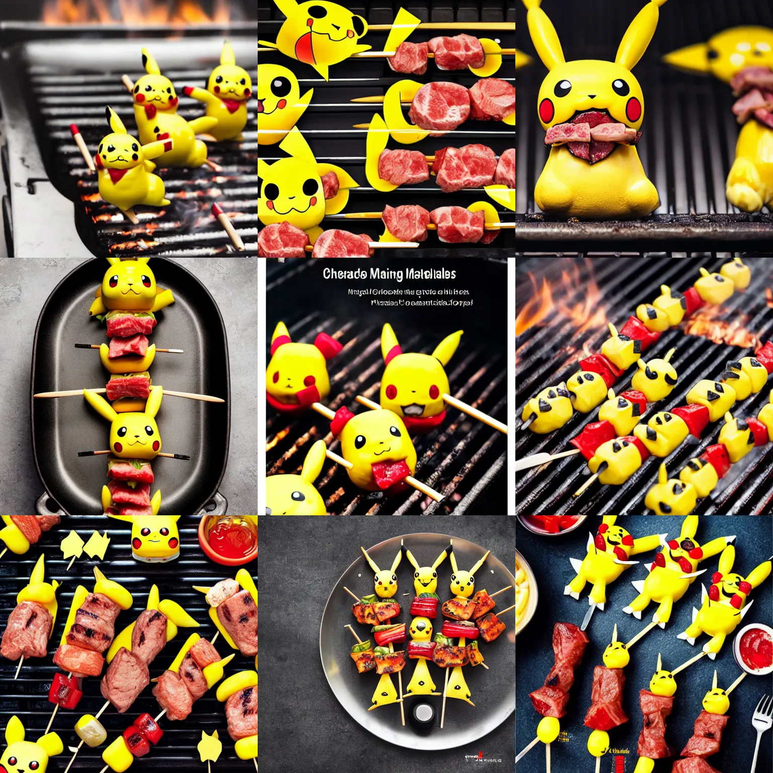 Prompt: pikachu meat kabobs on a flame grill, food photography, award winning, magazine ad