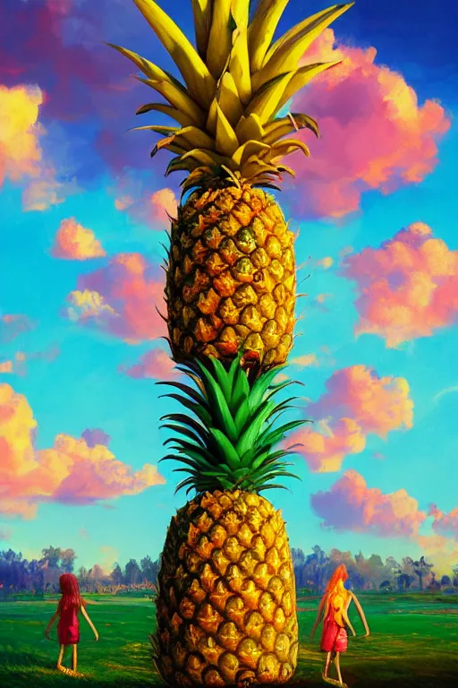Image similar to closeup, giant pineapple head, girl surrounded by djungle, surreal photography, golden hour, colorful clouds, impressionist painting, digital painting, artstation, simon stalenhag
