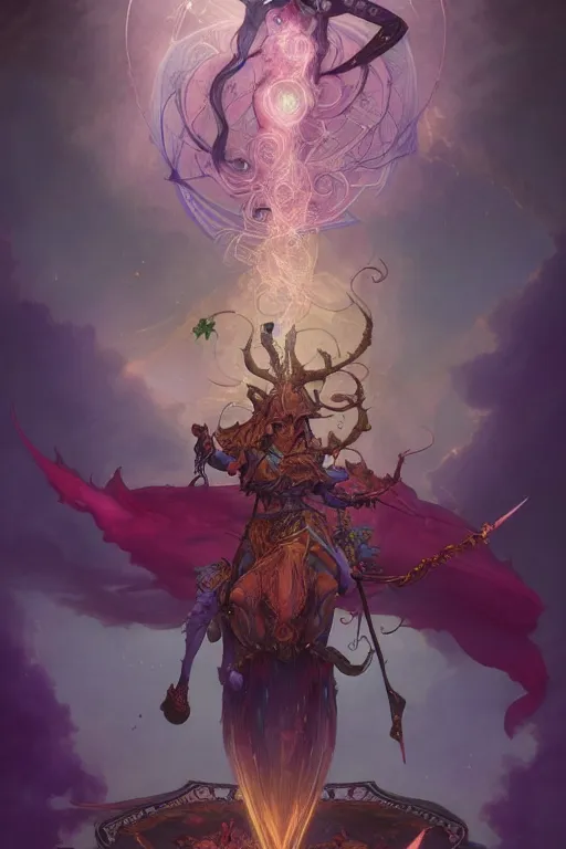Prompt: an beautiful rendering of a tarot card of High Arcane based on the original rider waite tarot deck, full of colors, insane details, concept art, elegant, by Peter Mohrbacher and brian froud, hyperrealistic, octane render, by Greg Rutkowski, RPG portrait, dynamic lighting
