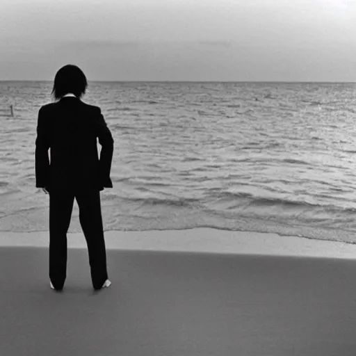 Image similar to japanese man with long hair in a suit standing in the ocean looking at the camera, wide shot, far away, sunset, album cover, 1980, tatsuro yamashita