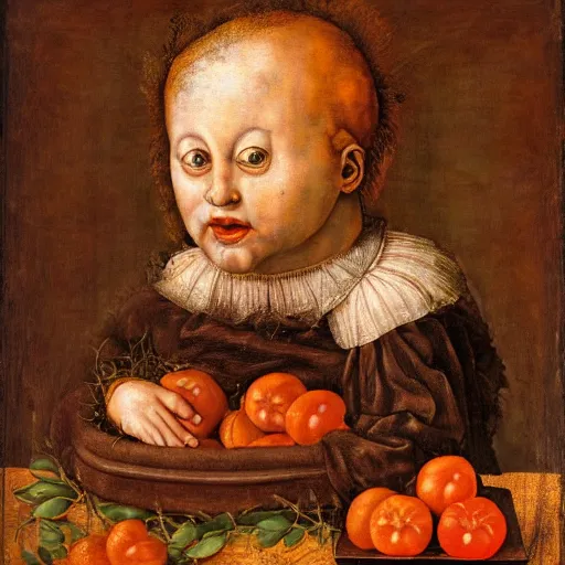 Prompt: a boy sitting in a tub full of tomato sauce, by giuseppe arcimboldo, renaissance, portrait, fruit, detailed oil paint, high definition