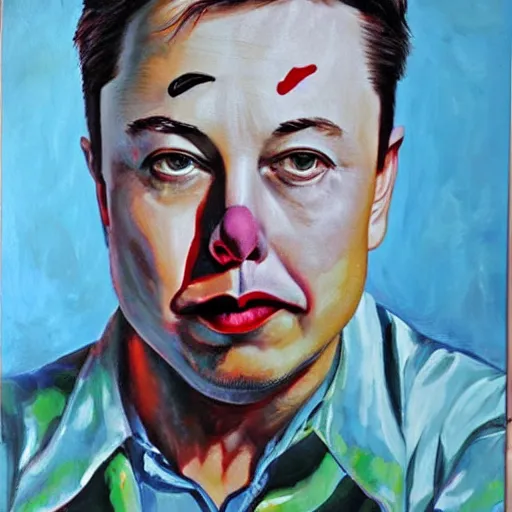 Prompt: oil canvas of elon musk as sad clown