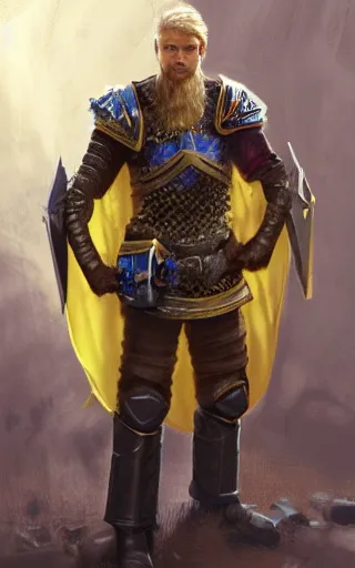 Image similar to highly detailed concept art of a rugged young knight with blonde hair and blue eyes and a short beard wearing a blue shirt over chain mail and steel pauldrons and a yellow cape and leather boots holding a shield and a warpick, concept art by Greg Rutkowski, realistic, masterpiece, ArtStation