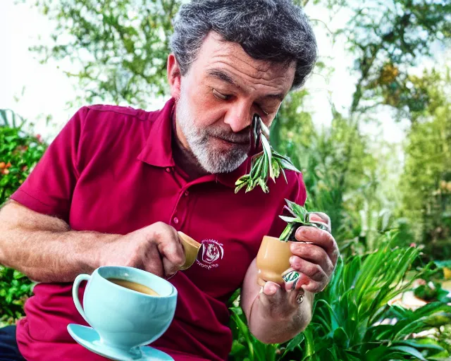 Image similar to mr robert is drinking fresh tea, smoke pot and meditate in a garden from spiral mug, detailed glad face, power belly, golden hour closeup photo, red elegant shirt, eyes wide open, ymmm and that smell