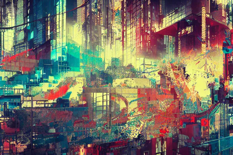 Image similar to fragmented architecture collage by atelier olschinsky and Ernst Haas, cyberpunk, (high contrast), ((oversaturated)), grafitti paint, bokeh, dof, unreal engine