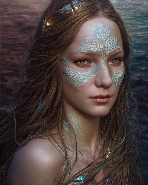 Image similar to mermaid portrait | highly detailed | very intricate | symmetrical | cinematic lighting | award - winning | closeup portrait | painted by donato giancola and mandy jurgens and charlie bowater | featured on artstation