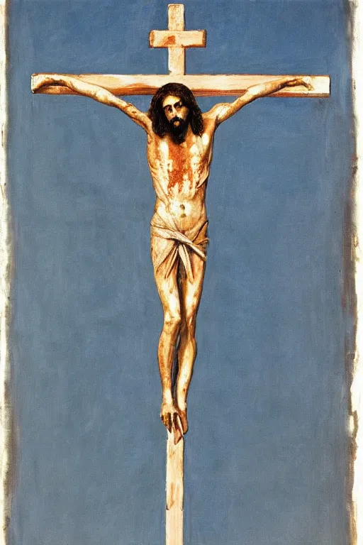 Image similar to bloody jesus christ crucified painted by cy twombly and alex katz