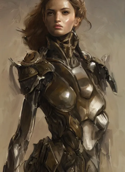 Image similar to a professional painting of a beautiful young female, clothed in military armor, olive skin, long dark hair, beautiful bone structure, symmetrical facial features, intricate, elegant, digital painting, concept art, smooth, sharp focus, illustration, from Metal Gear, by Ruan Jia and Mandy Jurgens and Artgerm and William-Adolphe Bouguerea