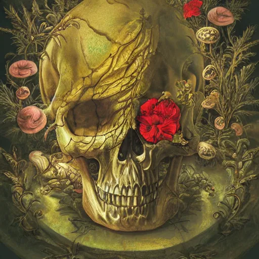 Image similar to a beautiful detailed rococo photo of a rotten woman corpse becoming almost a skull with face muscles, veins, arteries, fractal plants and fractal flowers and mushrooms growing around, intricate, ornate, volumetric light, beautiful lit, beetlejuice