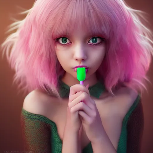 Image similar to ultrarealistic sweet bunny girl, intricate details, green eyes, 8K, long hair, fluffy, pink, lollipop, high octane render