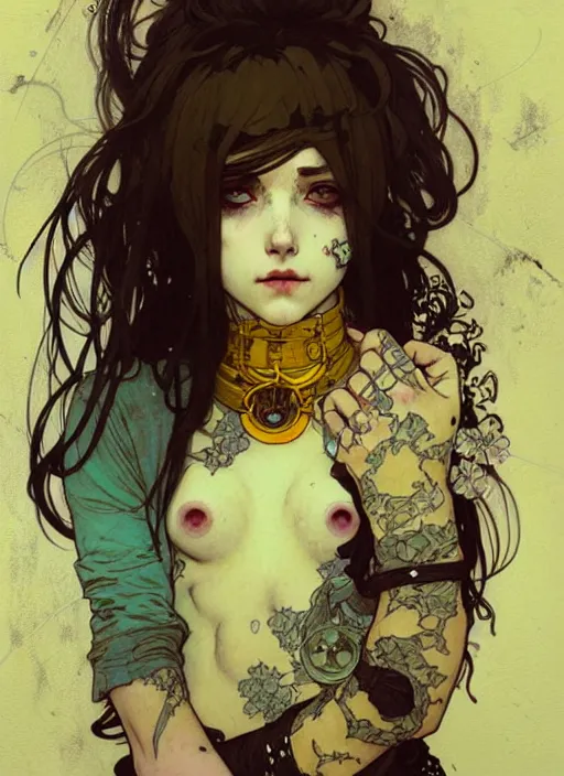 Image similar to highly detailed portrait of a moody sewerpunk young adult lady by krenz cushart, by artem demura, by alphonse mucha, by kaethe butcher, gradient yellow, black, brown and cyan color scheme, grunge aesthetic!!! ( ( graffiti tag city background ) )