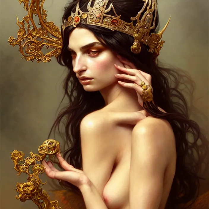 Image similar to ancient queen emily ratajkowski, diffuse lighting, fantasy, intricate, elegant, highly detailed, lifelike, photorealistic, digital painting, artstation, illustration, concept art, smooth, sharp focus, art by john collier and albert aublet and krenz cushart and artem demura and alphonse mucha