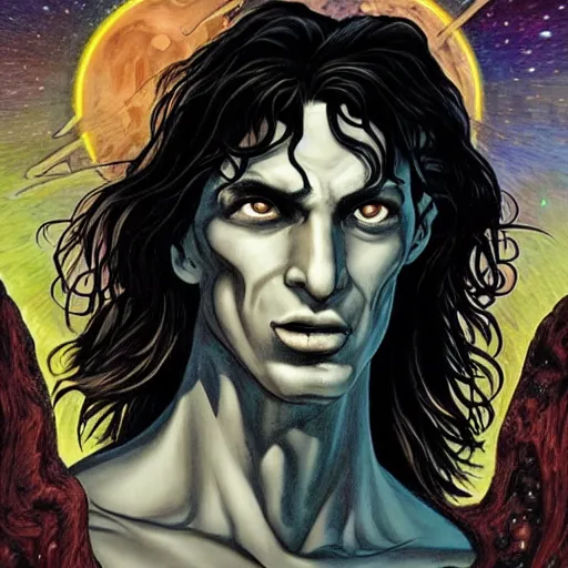 Prompt: An epic fantastic realism comic book style painting of the Sandman, aka Dream, Hypnos, one of the endless, son of the endless night, son of time, the cosmic being who controls all dreams, gothic, extra-dark natural black hair, good bone structure, sophisticated well rounded face, bright glowing eyes like LEDs, Lean Body, porcelain looking skin, standing tall, Dark Fantasy, blue hour, unreal engine 5, DAZ, hyperrealistic, octane render, symmetrical, attention to detail, Studio 4°C, vibrant bright colors, high saturation,extremely moody lighting, glowing light and shadow, atmospheric, cinematic, intricate, 8K, stunning, breathtaking, awe-inspiring. award-winnin, concept art, nouveau painting, trending ArtStation