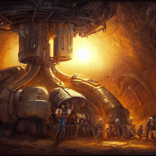 Image similar to mining crew in front of their spaceship by justin gerard, deviantart