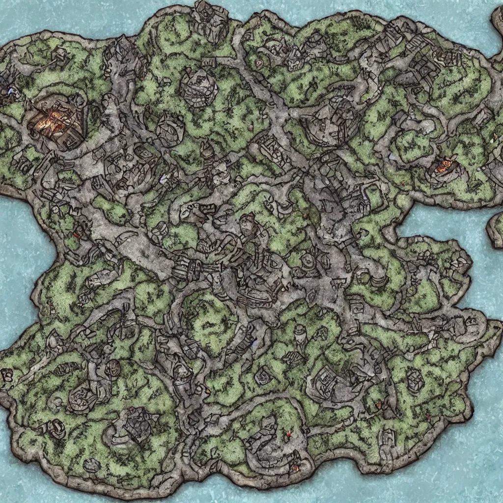 Prompt: a battlemap of an orcish fort by a frozen river, drivethrurpg best seller, high quality, painted hd