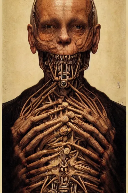 Prompt: beautiful clean propaganda poster of ultimate biomechanical portrait of man face by dino valls, wayne barlowe, rembrandt, complex, stunning, realistic, skin color