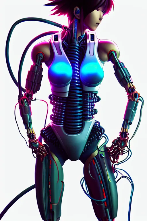 Prompt: color digital pen lineart sketch of athletic biomechanical motoko kusanagi connected to many cables, wires, inputs, outputs, by gnomon, by ilya kuvshinov, trending on pixiv fanbox, by weta digital, octane render