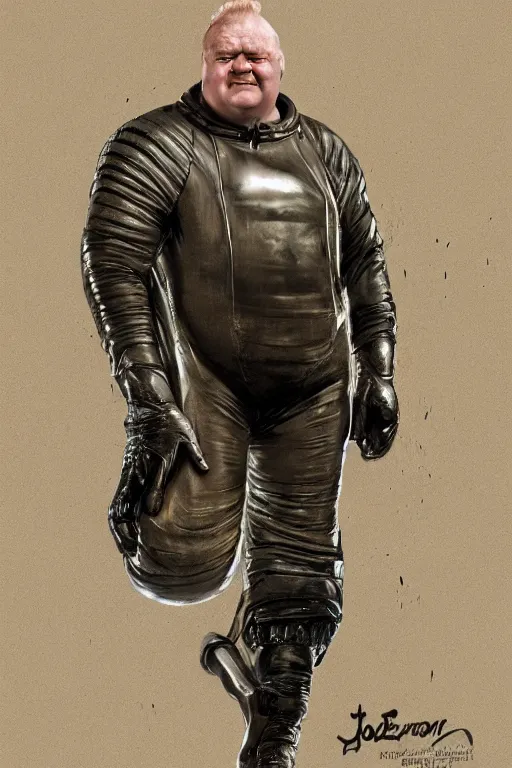 Image similar to joe egan as baron harkonnen wearing a leather spacesuit and floating in the air by normal rockwell, artstation concept character art