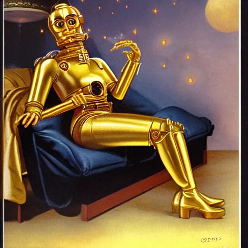 Prompt: a saucy reclining half human c3po by Gil Elvgren