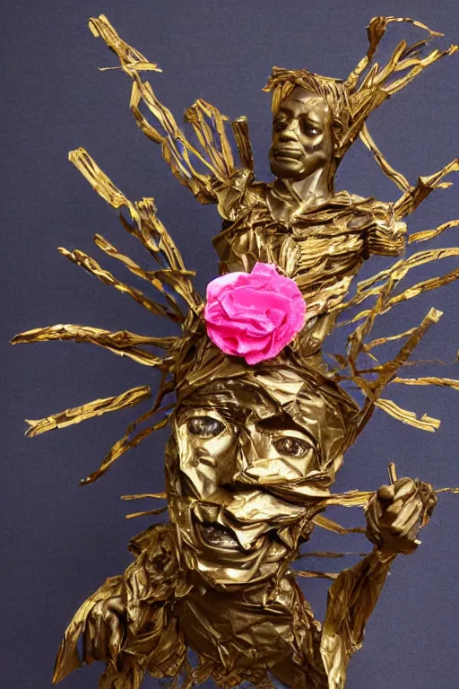 Image similar to a papercraft scene made entirely of pipecleaners and crumpled foil of Jean-Michel Basquiat as a full-body bronze baroque statue of Icarus in the posing like a bird for flight, crown of peach roses, flowing pink-colored silk, fabric, flowers. baroque elements, human skull. full-length view. baroque element. intricate artwork by caravaggio. many many birds birds on background. Trending on artstation, octane render, cinematic lighting from the right, hyper realism, octane render, 8k, depth of field, 3D