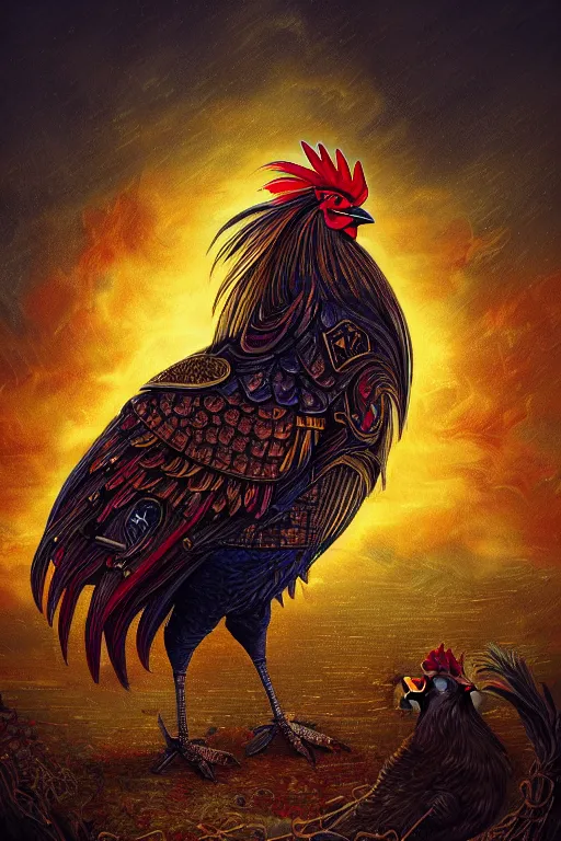 Image similar to a beautiful tarot card artwork of a rooster, wearing knight armour!, horror, backlit, gloomy sky, highly detailed, digital painting, intricate golden threads, by kevin siembieda, vivid colors, detailed shading, 8 k resolution, intricate, smooth