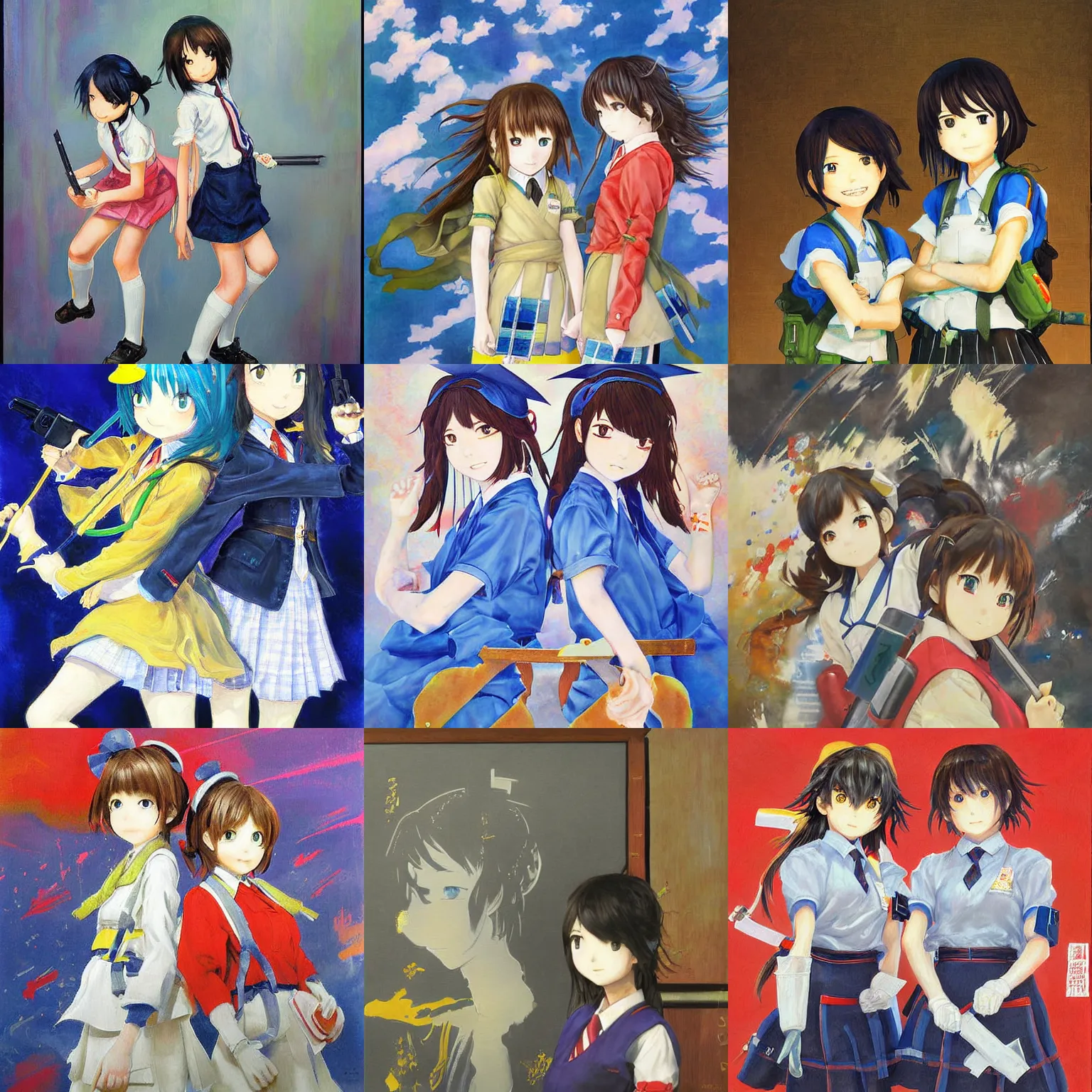 Prompt: worksafe. a perfect painting artwork by yusuke kozaki, shigeki maeshima, of two schoolgirls.
