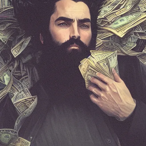 Prompt: a man with black hair and beard, wearing a black jacket, white shirt and jeans, swimming in a pool of dollar bills, sharp focus, illustration, art by greg rutkowski and alphonse mucha''