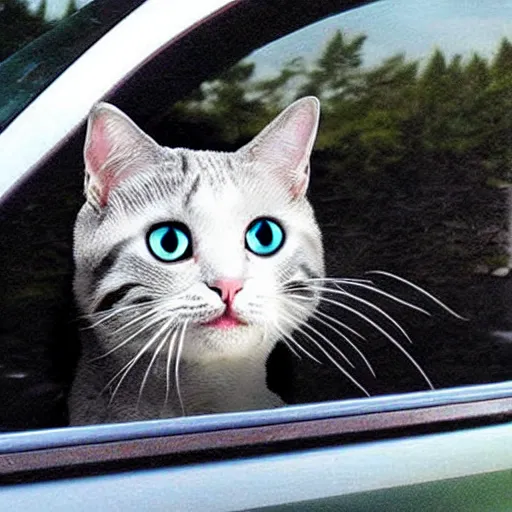 Prompt: a cat in the car, creative photo manipulation