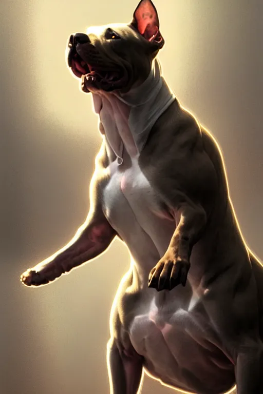 Prompt: clear portrait of a pitbull terrier, cottagecore!!, background hyper detailed, character concept, full body, dynamic pose, glowing lights!! intricate, elegant, highly detailed, digital painting, artstation, concept art, smooth, sharp focus, illustration, art by artgerm and greg rutkowski and alphonse mucha