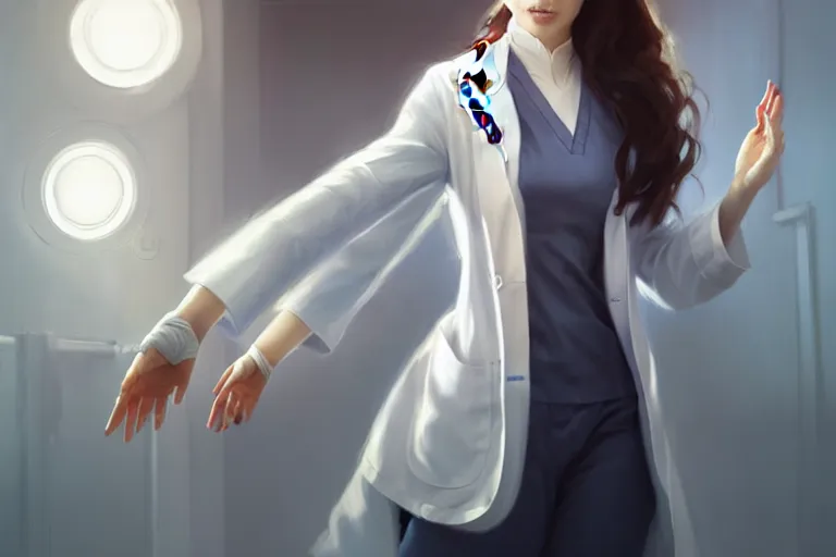 Prompt: an elegant and beautiful female doctor in a white coat in a ward, cinematic, highly detailed, digital painting, artstation, concept art, matte, sharp focus, illustration, art by artgerm and greg rutkowski