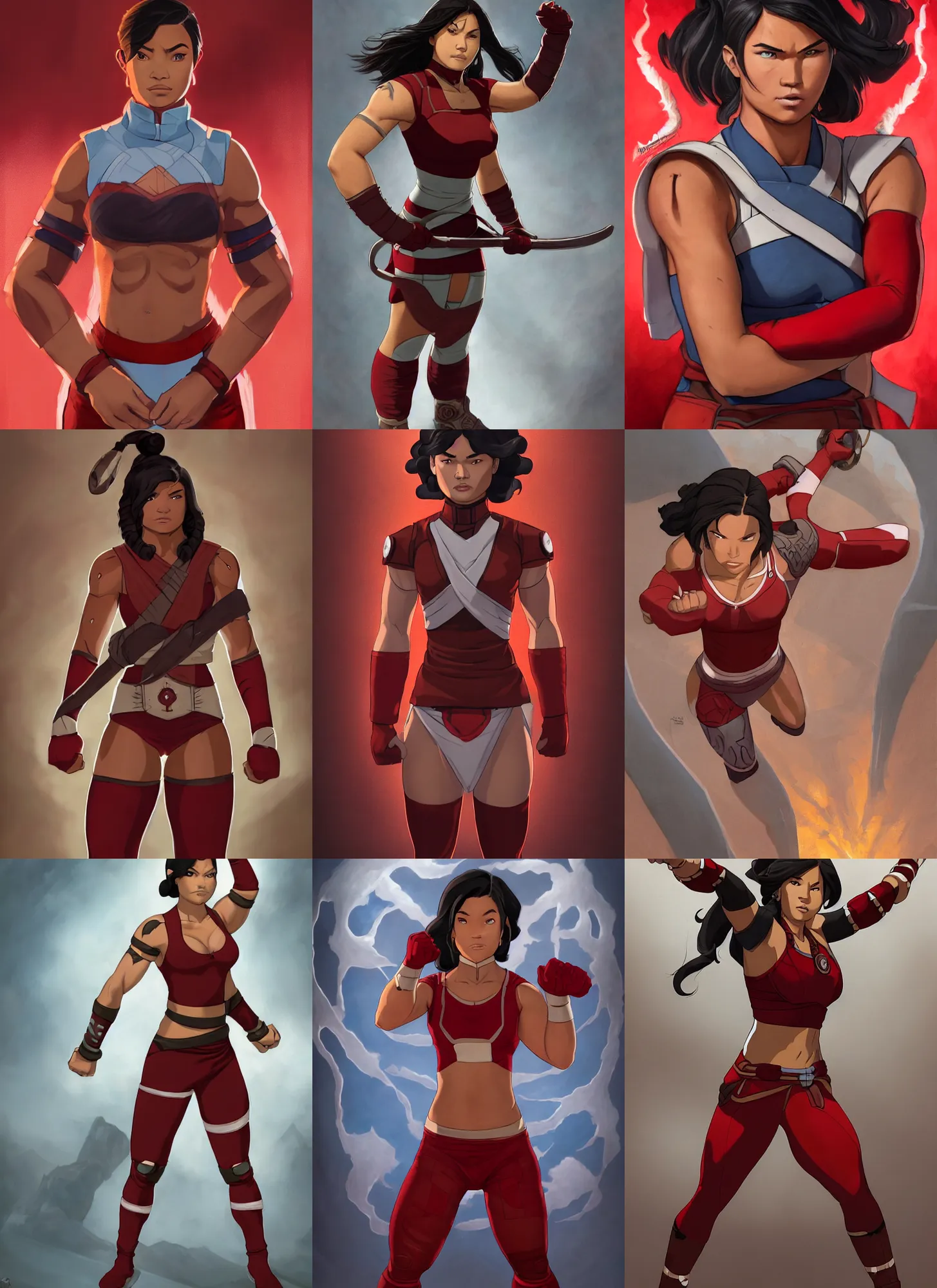 Prompt: a portrait of kawennahere devery jacobs as korra, muscular, wearing red attire, bandage taped fists, medium length black hair, red phoenix tattoo on back, serious, style by donato giancola, wayne reynolds, jeff easley dramatic light, high detail, cinematic lighting, artstation, dungeons and dragons