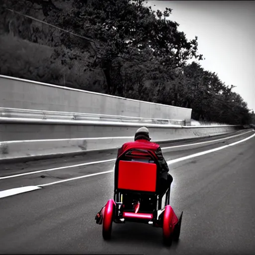 Prompt: old mad man on a red motorized wheelchair with the ferrari logo, highway, action shot