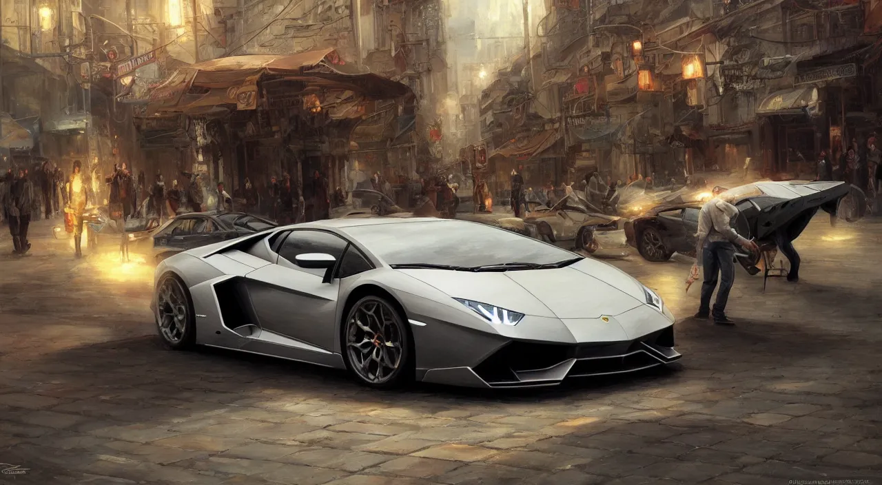 Image similar to Lamborghini, detailed, centered, digital painting, artstation, concept art, donato giancola, Joseph Christian Leyendecker, WLOP, Boris Vallejo, Breathtaking, 8k resolution, extremely detailed, beautiful, establishing shot, artistic, hyperrealistic, beautiful face, octane render, cinematic lighting, dramatic lighting, masterpiece