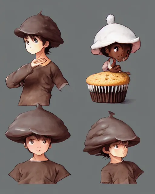 Prompt: a boy as personification of chocolate cupcake, cute fantasy hats, unreal engine, highly detailed, art by artgerm, tooth wu, studio ghibli, sharp focus, artstation, fractal biscuits, a fantasy bakery by studio ghibli, makoto shinkai, global illumination, sweets, dog